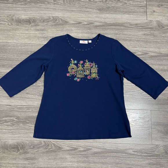 Vintage Quacker Factory Navy Top with Beautiful Birdcage Embroidery 3/4 Sleeve M - Picture 7 of 13